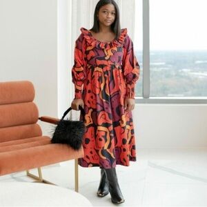 de loreta el pueblo rojo midi dress with scoop ruffle neck